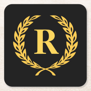 Porta-copo De Papel Quadrado Monograma Dourado Laurel Wreath