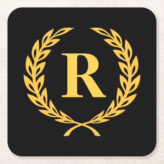 Porta-copo De Papel Quadrado Monograma Dourado Laurel Wreath (Frente)