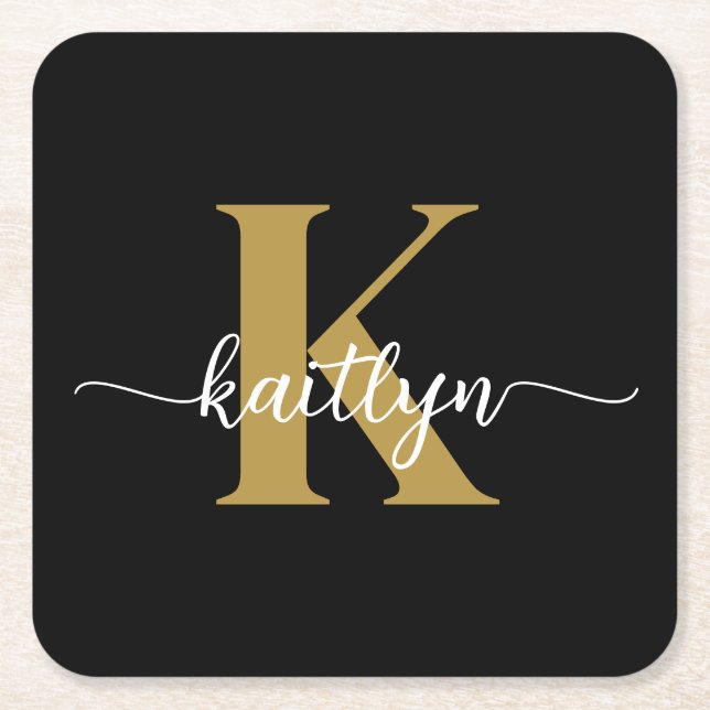 Porta-copo De Papel Quadrado Monograma Dourado Preto (Frente)