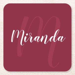 Porta-copo De Papel Quadrado Monograma e Nome Personalizados Vermelho Borgonha