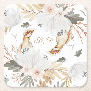 Porta-copo De Papel Quadrado Monograma Elegante Boho Flores e Pássaros em Aquar