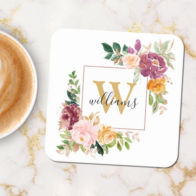 Porta-copo De Papel Quadrado Monograma Elegante Rosa de Aquarela Botânica (In situ)
