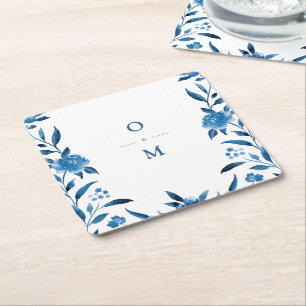 Porta-copo De Papel Quadrado Monograma floral azul de Casamento Chinoiserie