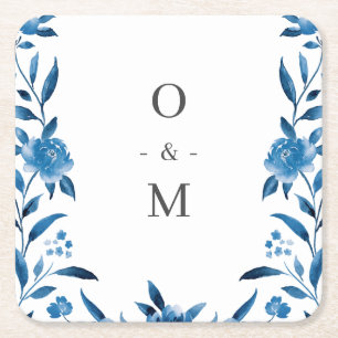 Porta-copo De Papel Quadrado Monograma floral de casamentos de cor azul e branc