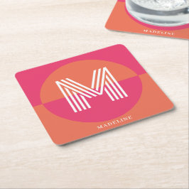 Porta-copo De Papel Quadrado Monograma Geométrico Moderno Rosa Laranja Chic Ret