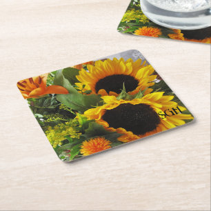 Porta-copo De Papel Quadrado Monograma Gorgeous Sunflower Impressão