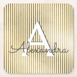 Porta-copo De Papel Quadrado Monograma listrado & inicial da folha branca &