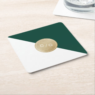Porta-copo De Papel Quadrado Monograma moderno e verde-esmeralda