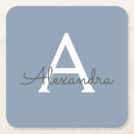 Porta-copo De Papel Quadrado Monograma Moderno Minimalista Dusty Blue Elegante