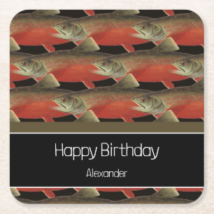 Porta-copo De Papel Quadrado Monograma Moderno Peixe Salmão Design Negro Vermel