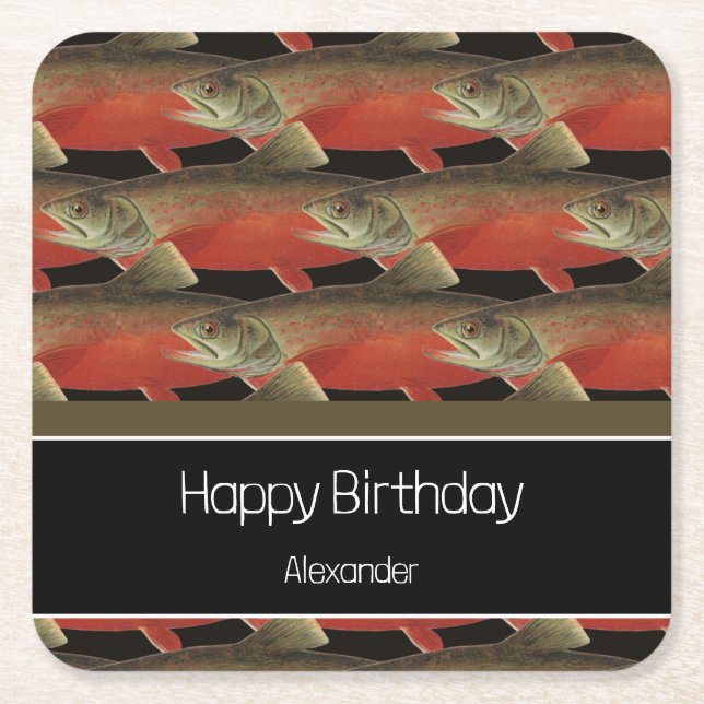 Porta-copo De Papel Quadrado Monograma Moderno Peixe Salmão Design Negro Vermel (Frente)