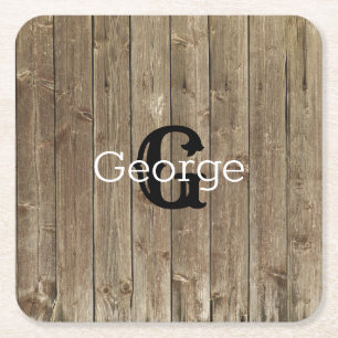 Porta-copo De Papel Quadrado Monograma Nome Brown Wood Personalizado