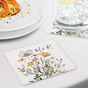 Porta-copo De Papel Quadrado Monograma Personalizado de Casal com Flores Silves