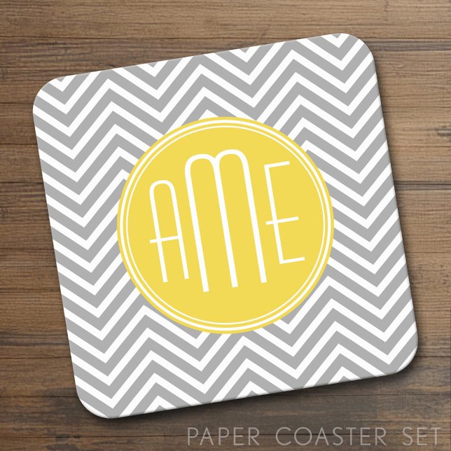 Porta-copo De Papel Quadrado Monograma Personalizado de cinzas e Cevrons Amarel (Custom Coaster Set)