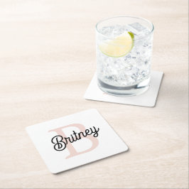 Porta-copo De Papel Quadrado Monograma Personalizado Moderno e Nome Pastel Rosa