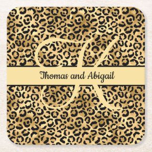 Porta-copo De Papel Quadrado Monograma Preto Dourado Estampa Leopardo Animal