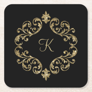 Porta-copo De Papel Quadrado Monograma Preto Dourado Glitter Damask Florescer E