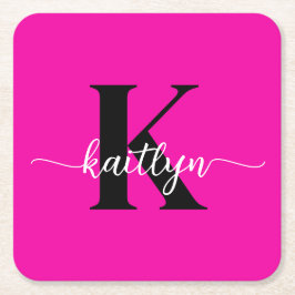 Porta-copo De Papel Quadrado Monograma Preto Rosa Quente