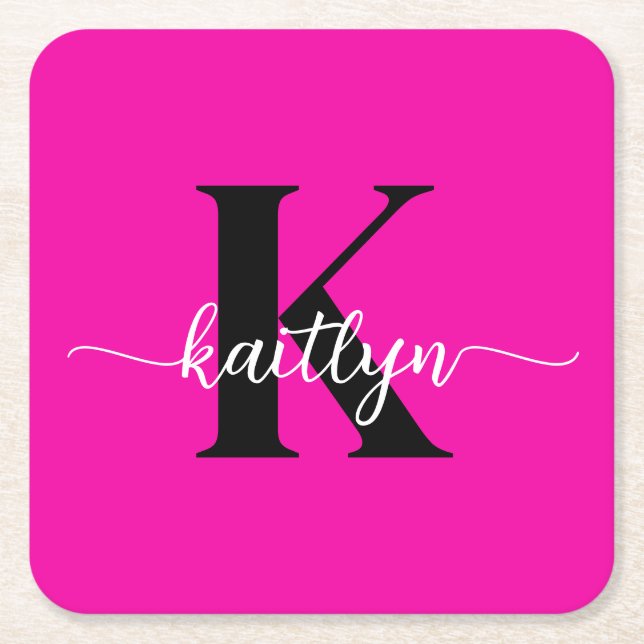 Porta-copo De Papel Quadrado Monograma Preto Rosa Quente (Frente)