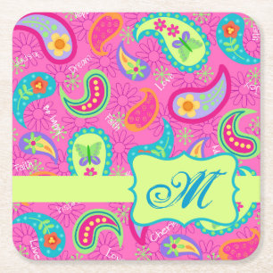 Porta-copo De Papel Quadrado Monograma Rosa Quente Personalizado Paisley Modern