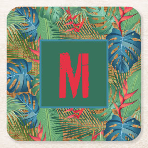 Porta-copo De Papel Quadrado Monograma Tropical Floral em Wicker Impressão