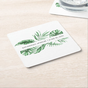 Porta-copo De Papel Quadrado Monograma Tropical Greenery Palm Wedding