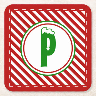 Porta-copo De Papel Quadrado Monograma Vermelho/Branco de Candy Cane