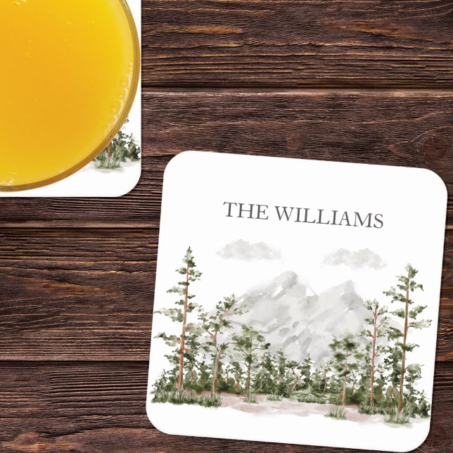 Porta-copo De Papel Quadrado Monogramas Aquarela Montanha e Floresta (In situ)
