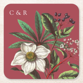 Porta-copo De Papel Quadrado Monogramas Moderno Vintage Rosa de Natal Vermelha