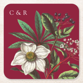 Porta-copo De Papel Quadrado Monogramas Rosa de Natal Vermelho Moderno Burgundy