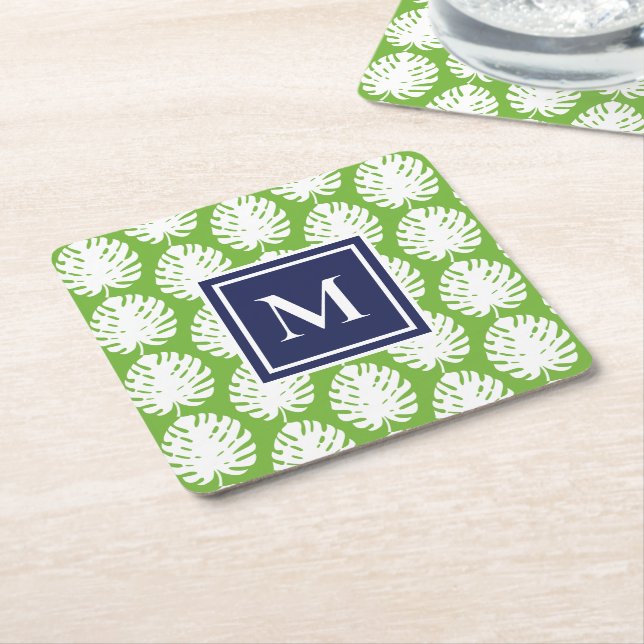 Porta-copo De Papel Quadrado Monstera Deixa Marinho Verde Monograma Moderno Coa (Inclinado)