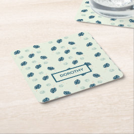 Porta-copo De Papel Quadrado Monstera tropical deixa monograma em azul