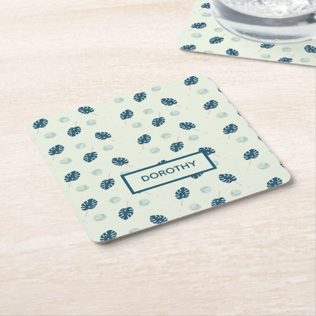 Porta-copo De Papel Quadrado Monstera tropical deixa monograma em azul (Inclinado)