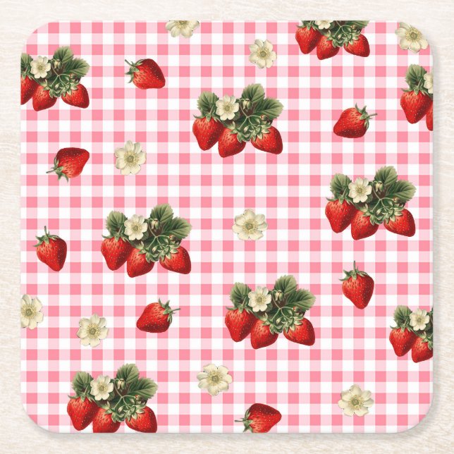 Porta-copo De Papel Quadrado Morango e papel fofo de gingham vermelho (Frente)