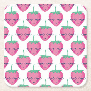 Porta-copo De Papel Quadrado Morangos adormecidos sorrindo, padrão fofo.