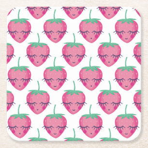 Porta-copo De Papel Quadrado Morangos adormecidos sorrindo, padrão fofo.