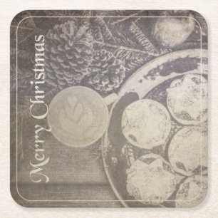 Porta-copo De Papel Quadrado Motivo de Natal Vintage com Biscoitos e Café