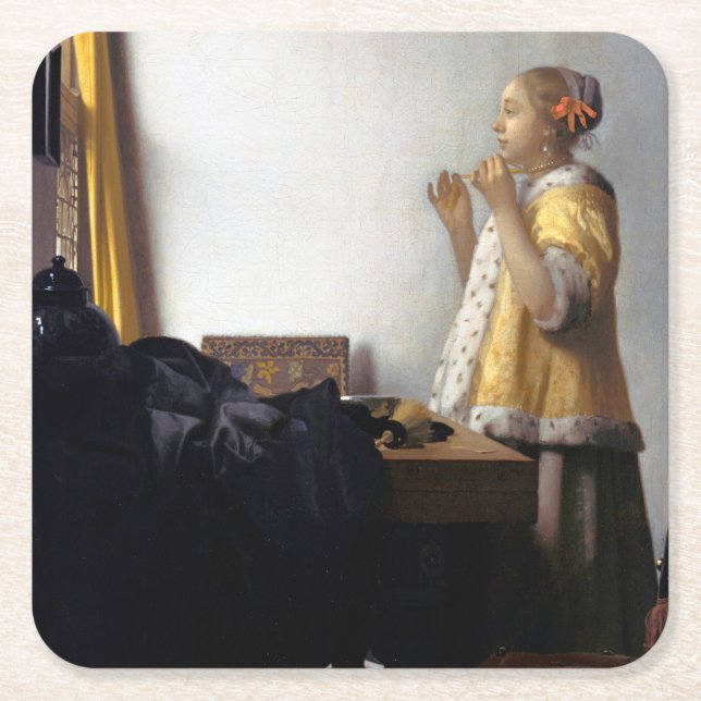 Porta-copo De Papel Quadrado Mulher com Colar Pérola, Johannes Vermeer (Frente)