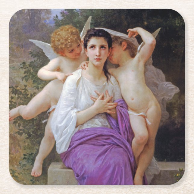 Porta-copo De Papel Quadrado Mulher com Cupido, Bouguereau (Frente)