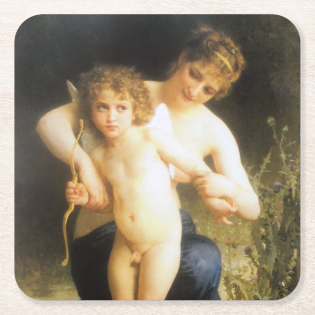 Porta-copo De Papel Quadrado Mulher com Cupido, Bouguereau (Frente)