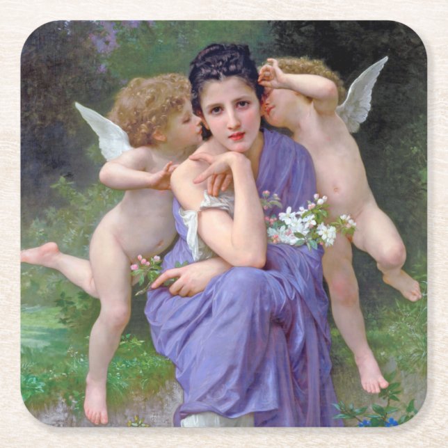 Porta-copo De Papel Quadrado Mulher com Cupido, Bouguereau (Frente)