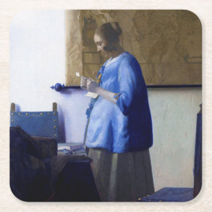 Porta-copo De Papel Quadrado Mulher de Azul, Johannes Vermeer