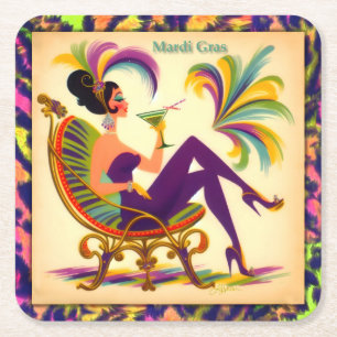 Porta-copo De Papel Quadrado Mulher de Martini Retro Meados do Século Mardi Gra