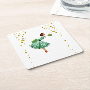 Porta-copo De Papel Quadrado Mulher de Natal vintage apagando uma vela