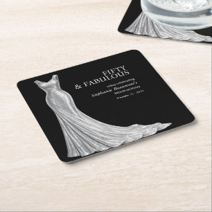 Porta-copo De Papel Quadrado Mulher Elegante Fabuloso Vestido Prata 50º Anivers