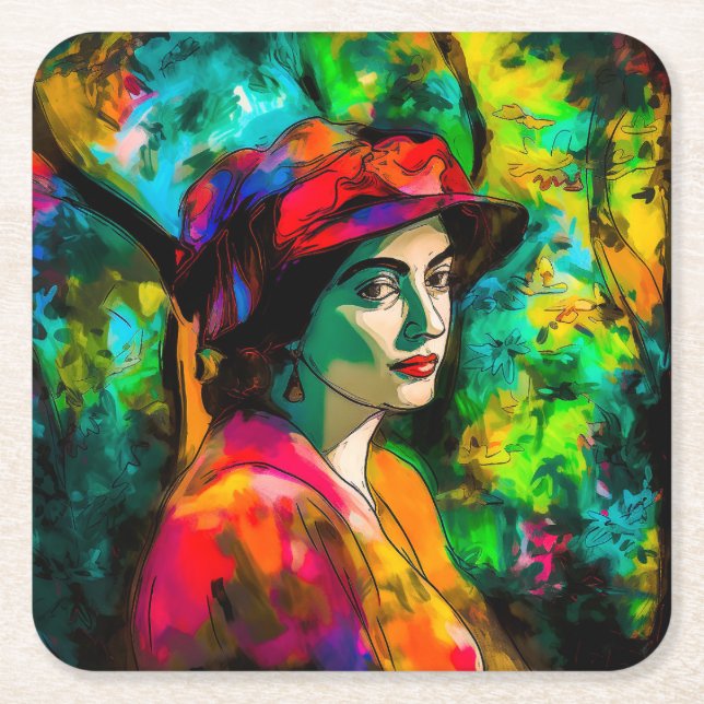 Porta-copo De Papel Quadrado Mulher no Chapéu Vermelho (Frente)