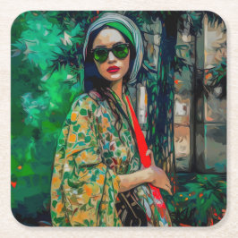 Porta-copo De Papel Quadrado Mulher nos óculos de sol verde