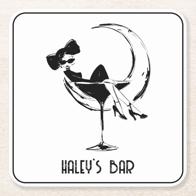Porta-copo De Papel Quadrado Mulher Retro em Bar de Copo de Martini  (Frente)