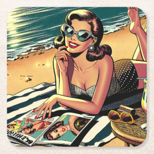 Porta-copo De Papel Quadrado Mulher retrô na praia lendo uma revista de moda