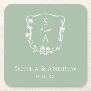 Porta-copo De Papel Quadrado Na moda Eucalyptus Monograma Rosa Crest Casamento